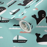 Cute pink ocean whale and deep sea sailing boat and anchor fish theme illustration print XL