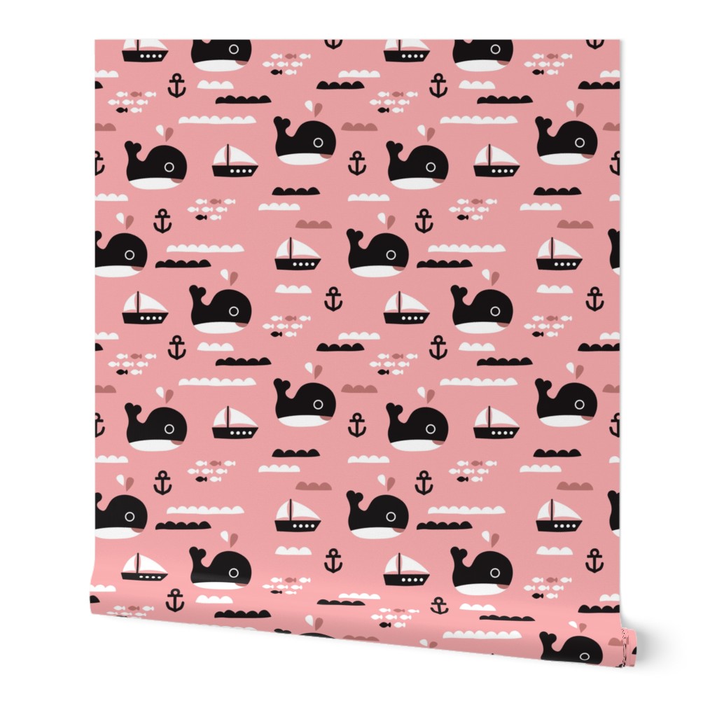 Cute pink ocean whale and deep sea sailing boat and anchor fish theme illustration print XL