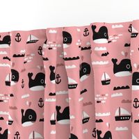 Cute pink ocean whale and deep sea sailing boat and anchor fish theme illustration print XL