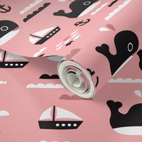 Cute pink ocean whale and deep sea sailing boat and anchor fish theme illustration print XL