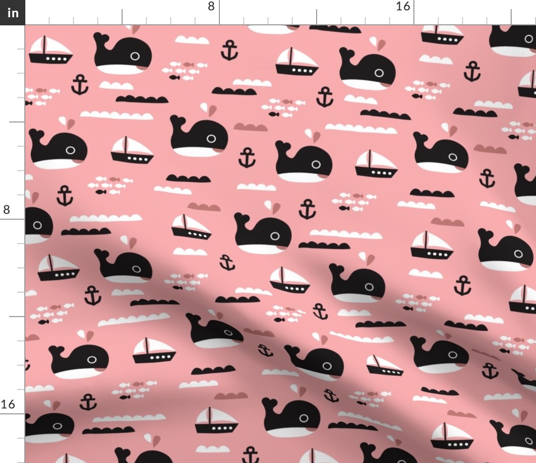 Cute pink ocean whale and deep sea sailing boat and anchor fish theme illustration print XL