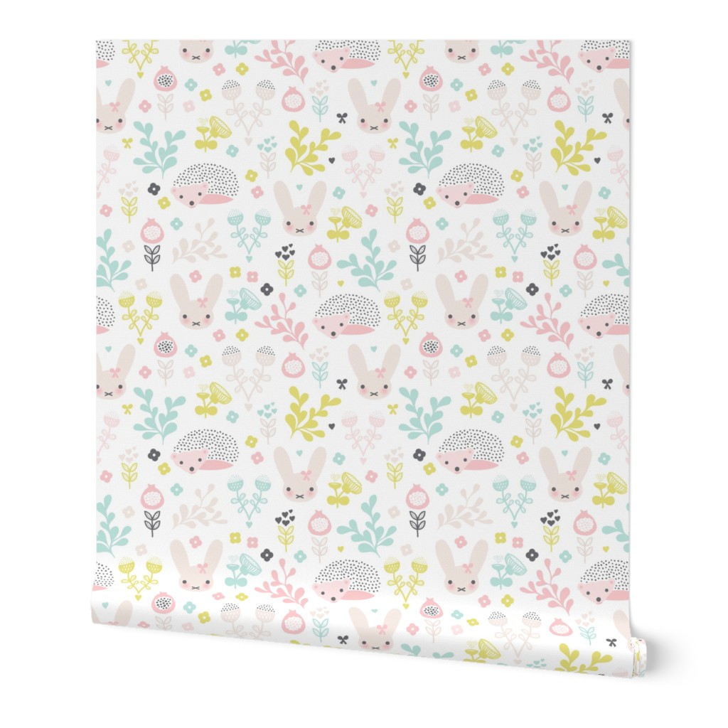 Adorable spring blossom flower garden easter bunny and hedgehog illustration print for little girls
