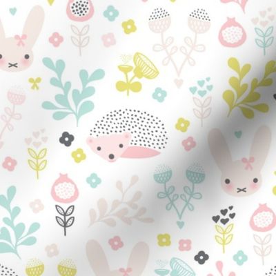 Adorable spring blossom flower garden easter bunny and hedgehog illustration print for little girls