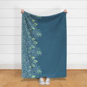 A peacock garden on blue linen