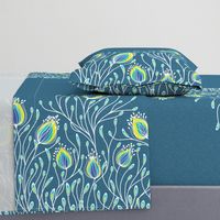 A peacock garden on blue linen