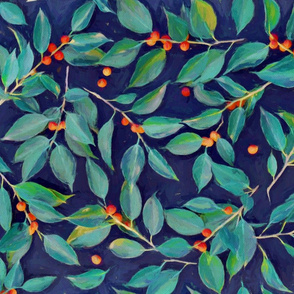 Leaves + Berries in Navy Blue, Teal & Tangerine - large