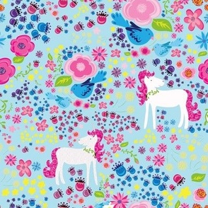 Unicorn Floral Rainbow Colors on Blue background