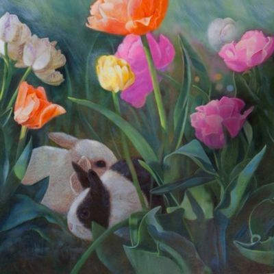 Tulips Rabbit Border with Stripes Oil Painting