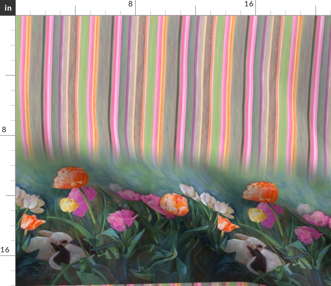 Tulips Rabbit Border with Stripes Oil Painting