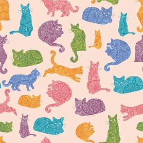 Detailed Colorful Cats Silhouettes Seamless Pattern