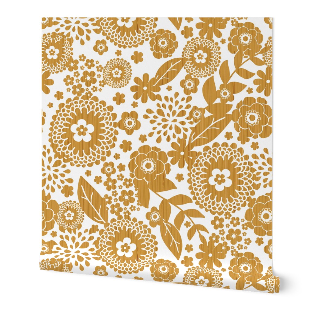 Textured wooden flowers seamless pattern