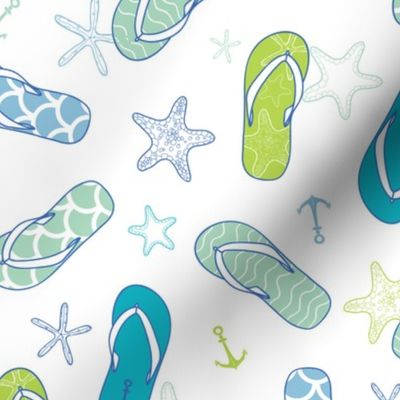 Nautical flip flops blue and green seamless pattern