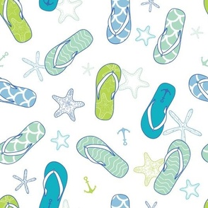 Nautical flip flops blue and green seamless pattern