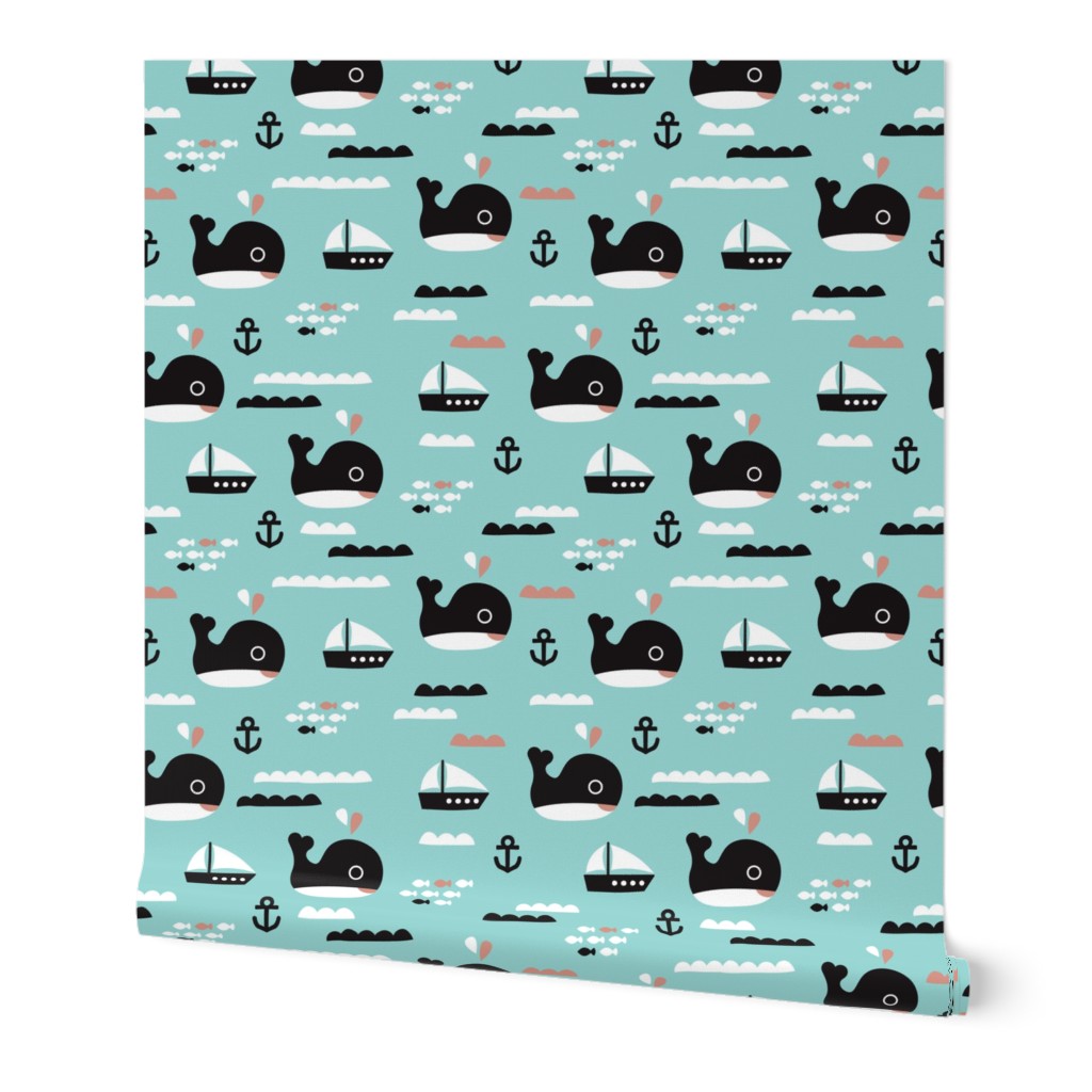 Cute blue ocean whale and deep sea sailing boat and anchor fish theme illustration print XS