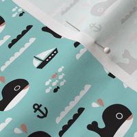 Cute blue ocean whale and deep sea sailing boat and anchor fish theme illustration print XS