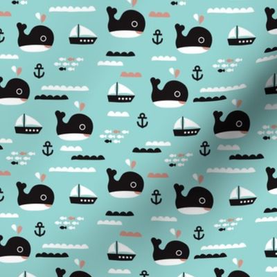 Cute blue ocean whale and deep sea sailing boat and anchor fish theme illustration print XS