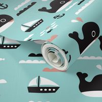 Cute blue ocean whale and deep sea sailing boat and anchor fish theme illustration print XS