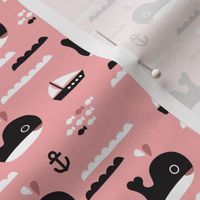 Cute pink ocean whale and deep sea sailing boat and anchor fish theme illustration print XS