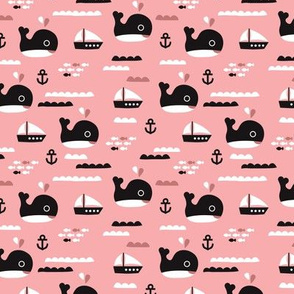 Cute pink ocean whale and deep sea sailing boat and anchor fish theme illustration print XS