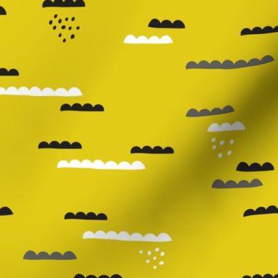 Abstract geometric organic clouds and rain sleepy sky illustration in scandinavian style black gray and lime mustard yellow