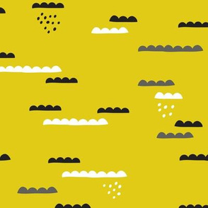 Abstract geometric organic clouds and rain sleepy sky illustration in scandinavian style black gray and lime mustard yellow
