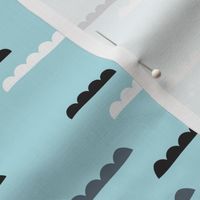 Abstract geometric organic clouds and rain sleepy sky illustration in scandinavian style black gray and pastel powder blue
