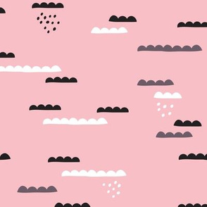 Abstract geometric organic clouds and rain sleepy sky illustration in scandinavian style black gray and pink