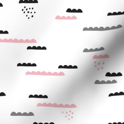 Abstract geometric organic clouds and rain sleepy sky illustration in scandinavian style black gray and pink