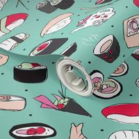 Violet Japanese cherry blossom doodle sushi dinner delicious food illustration pattern