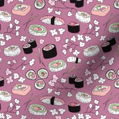 Violet Japanese cherry blossom doodle sushi dinner delicious food illustration pattern