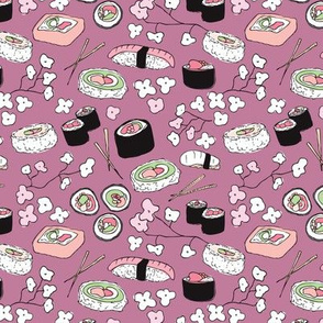 Violet Japanese cherry blossom doodle sushi dinner delicious food illustration pattern