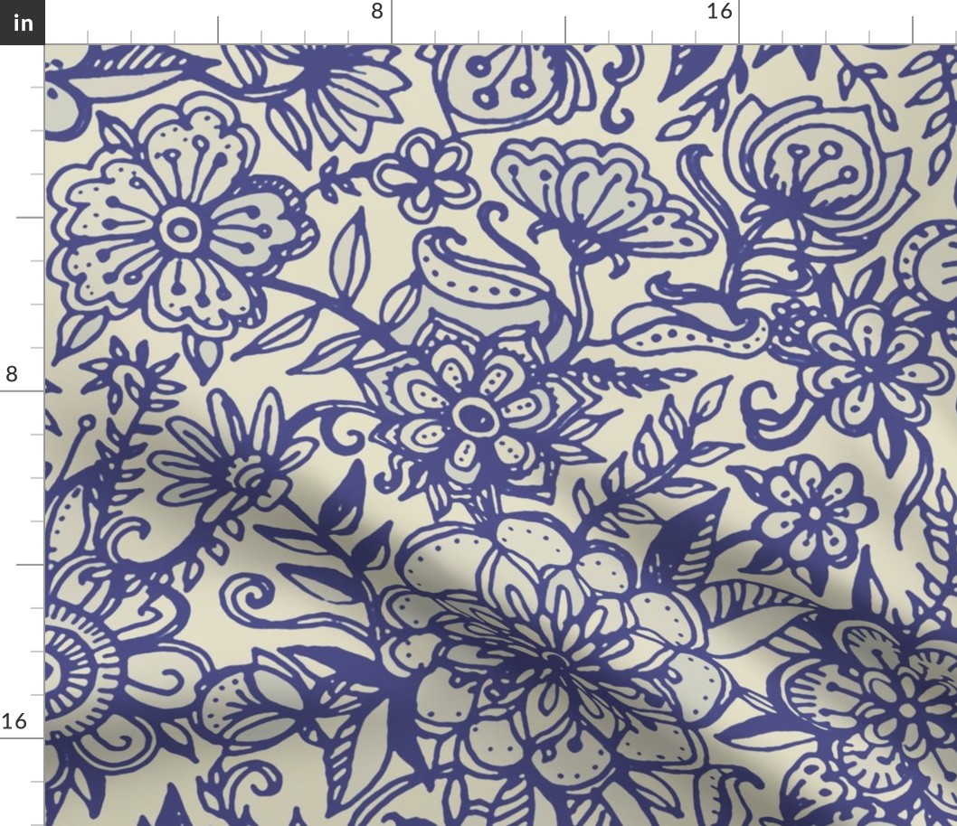 Ditsy Doodle Floral in Indigo Navy & Cream large print