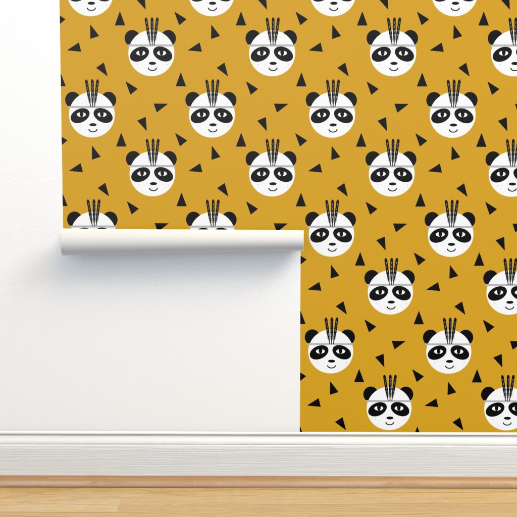 panda with feathers mustard tri triangle Wallpaper | Spoonflower