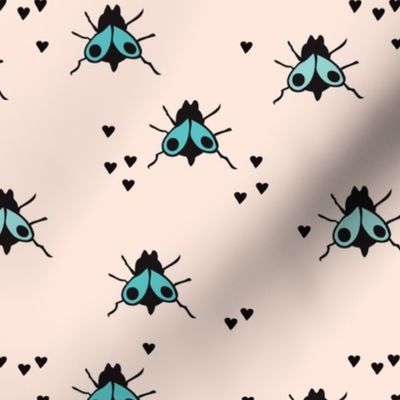 Funny summer creatures cute little bugs and insects illustration blue fly pattern print