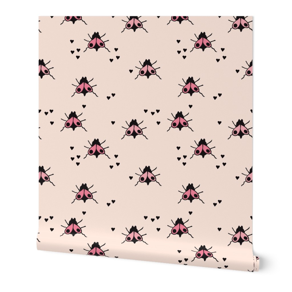 Funny summer creatures cute little bugs and insects illustration pink fly pattern print