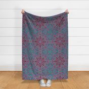 Folk Art Pattern in Cherry Red & Turquoise on Grey