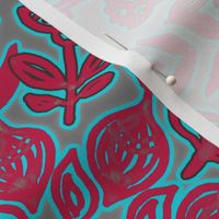 Folk Art Pattern in Cherry Red & Turquoise on Grey