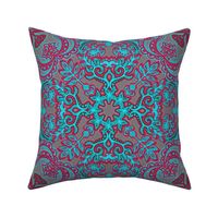 Folk Art Pattern in Cherry Red & Turquoise on Grey