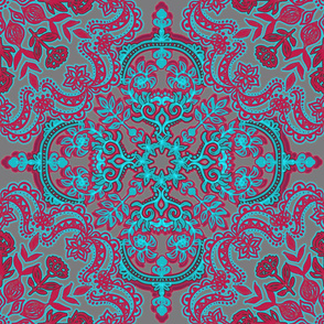 Folk Art Pattern in Cherry Red & Turquoise on Grey