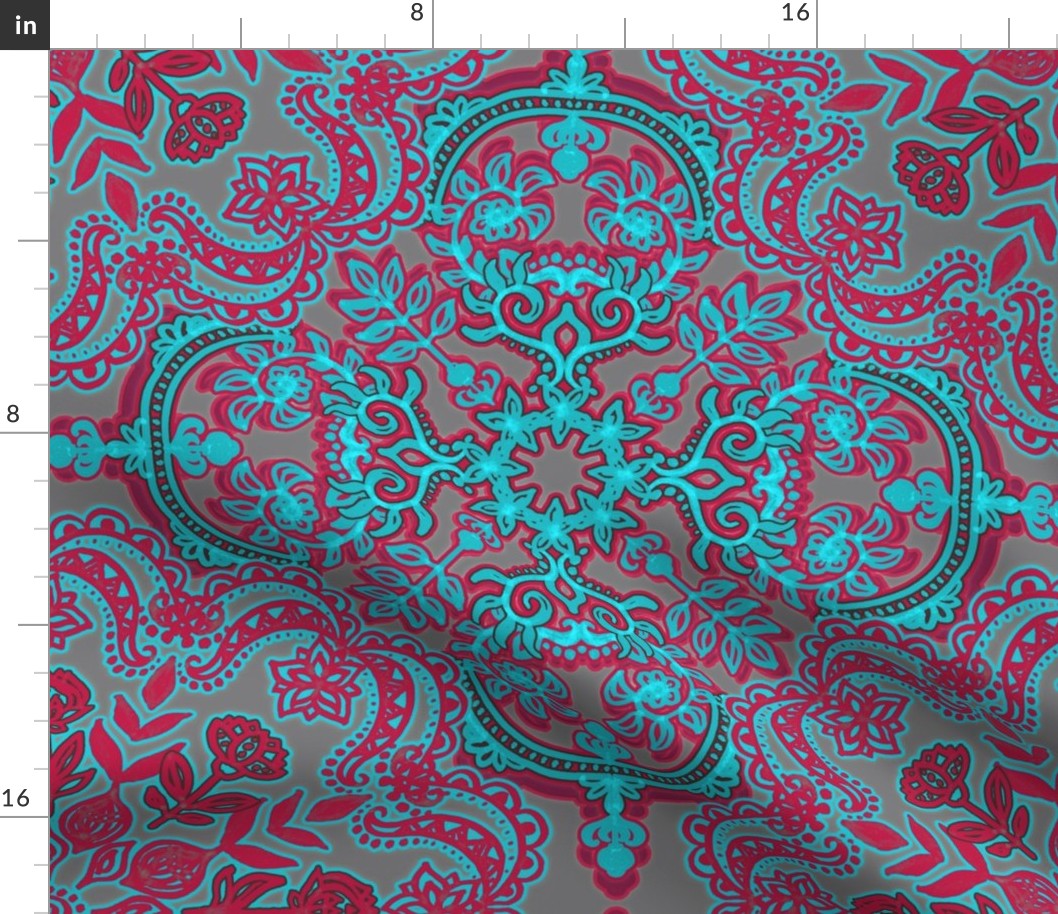Folk Art Pattern in Cherry Red & Turquoise on Grey