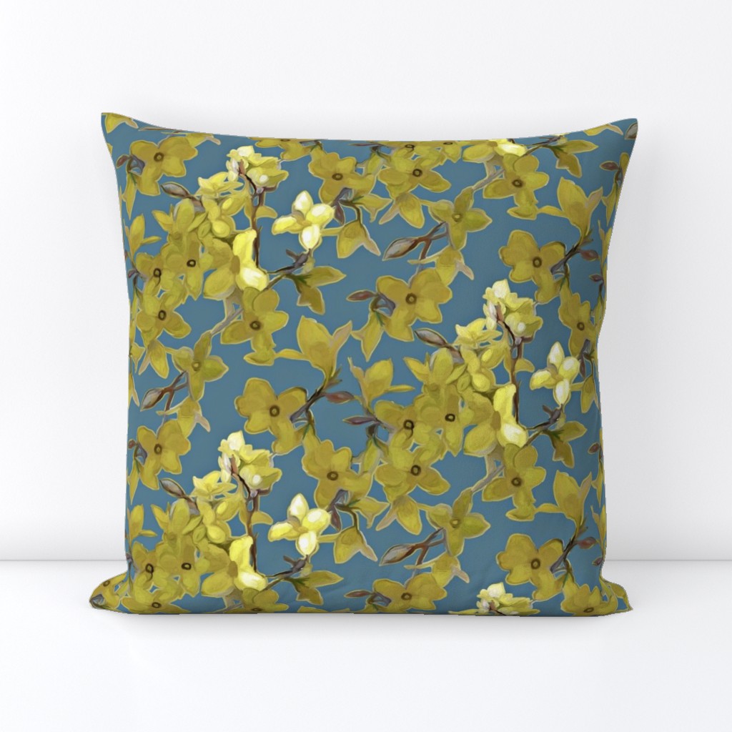 Forsythia on dark gray blue