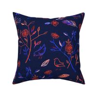 Little Birds in the Garden - navy, cobalt & bright coral