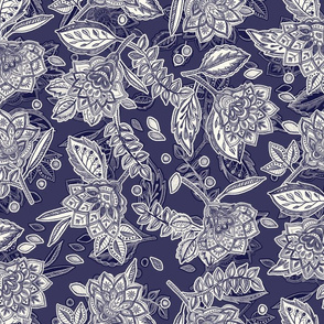 Navy Blue & Cream Floral Doodle Scatter Pattern