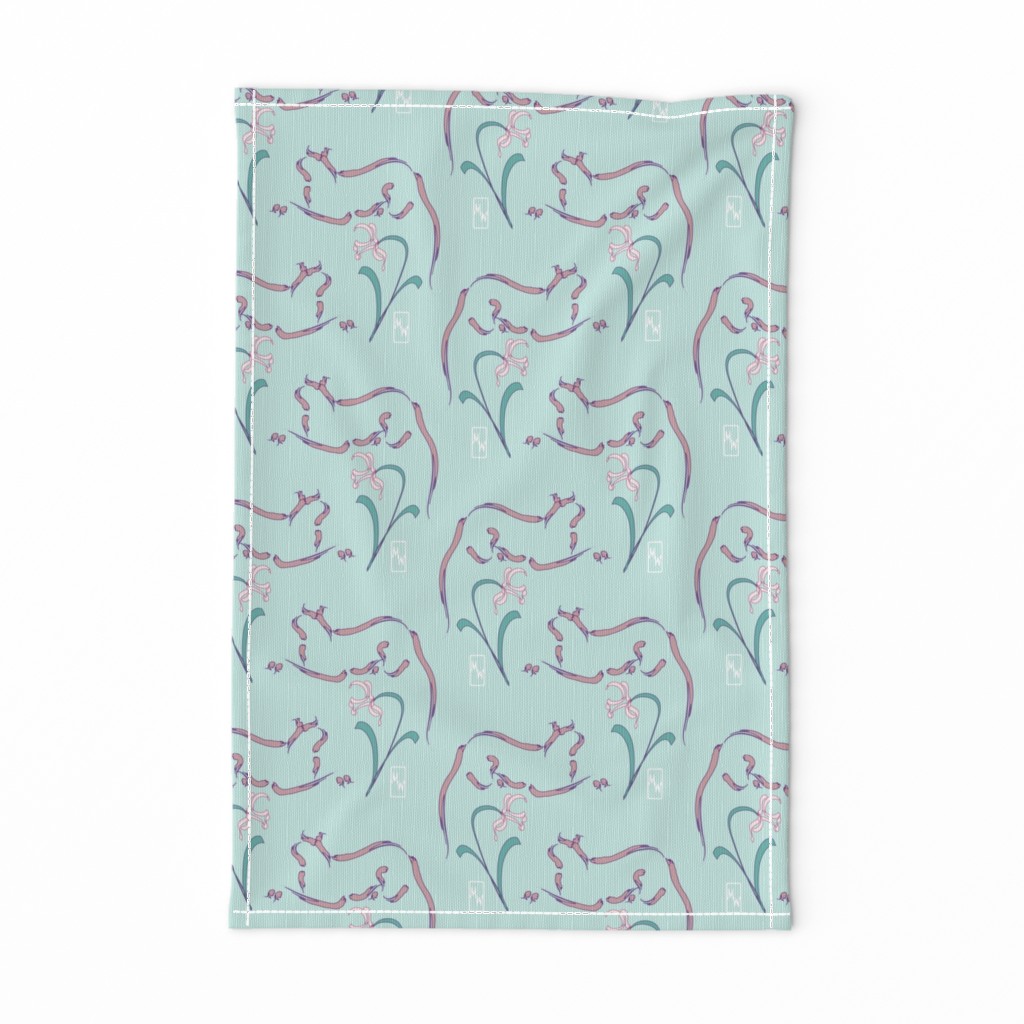 Cats & flowers fabric - pink on seafoam