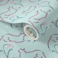 Cats & flowers fabric - pink on seafoam