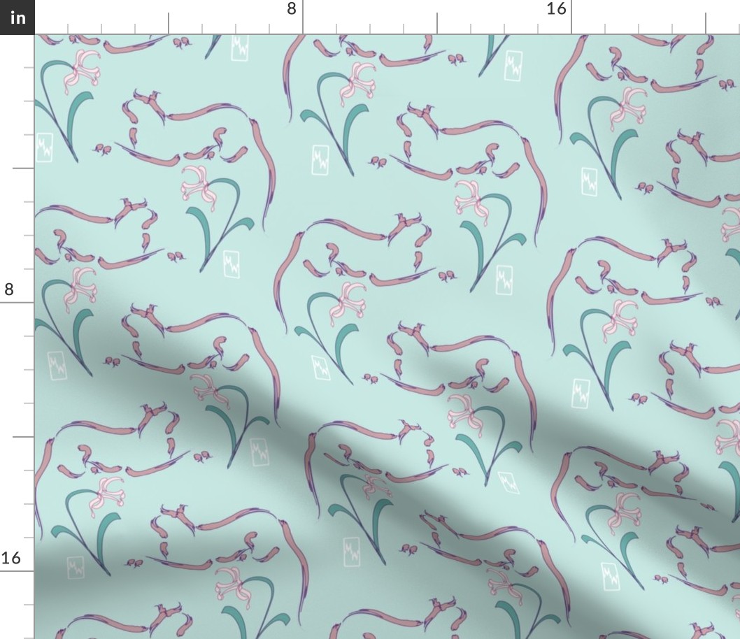 Cats & flowers fabric - pink on seafoam