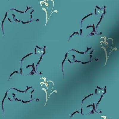 2 cats & flowers TEAL