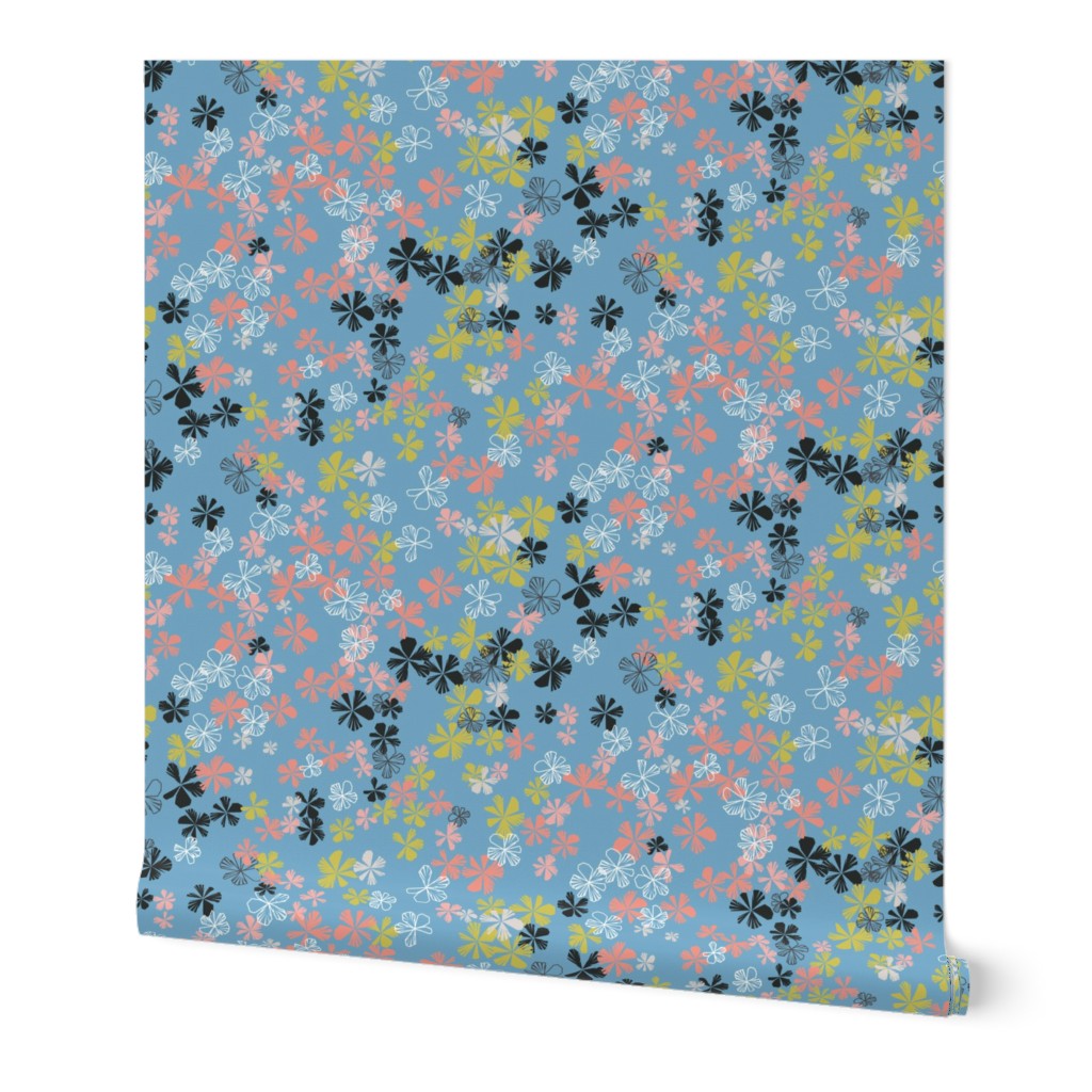 maxiflora ditsy floral in air blue with peach, coral and golden yellow