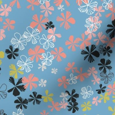 maxiflora ditsy floral in air blue with peach, coral and golden yellow