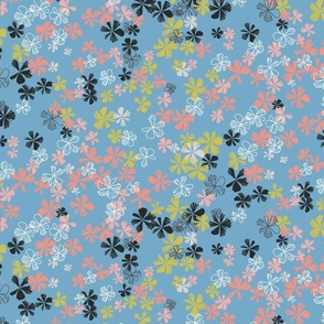 maxiflora ditsy floral in air blue with peach, coral and golden yellow